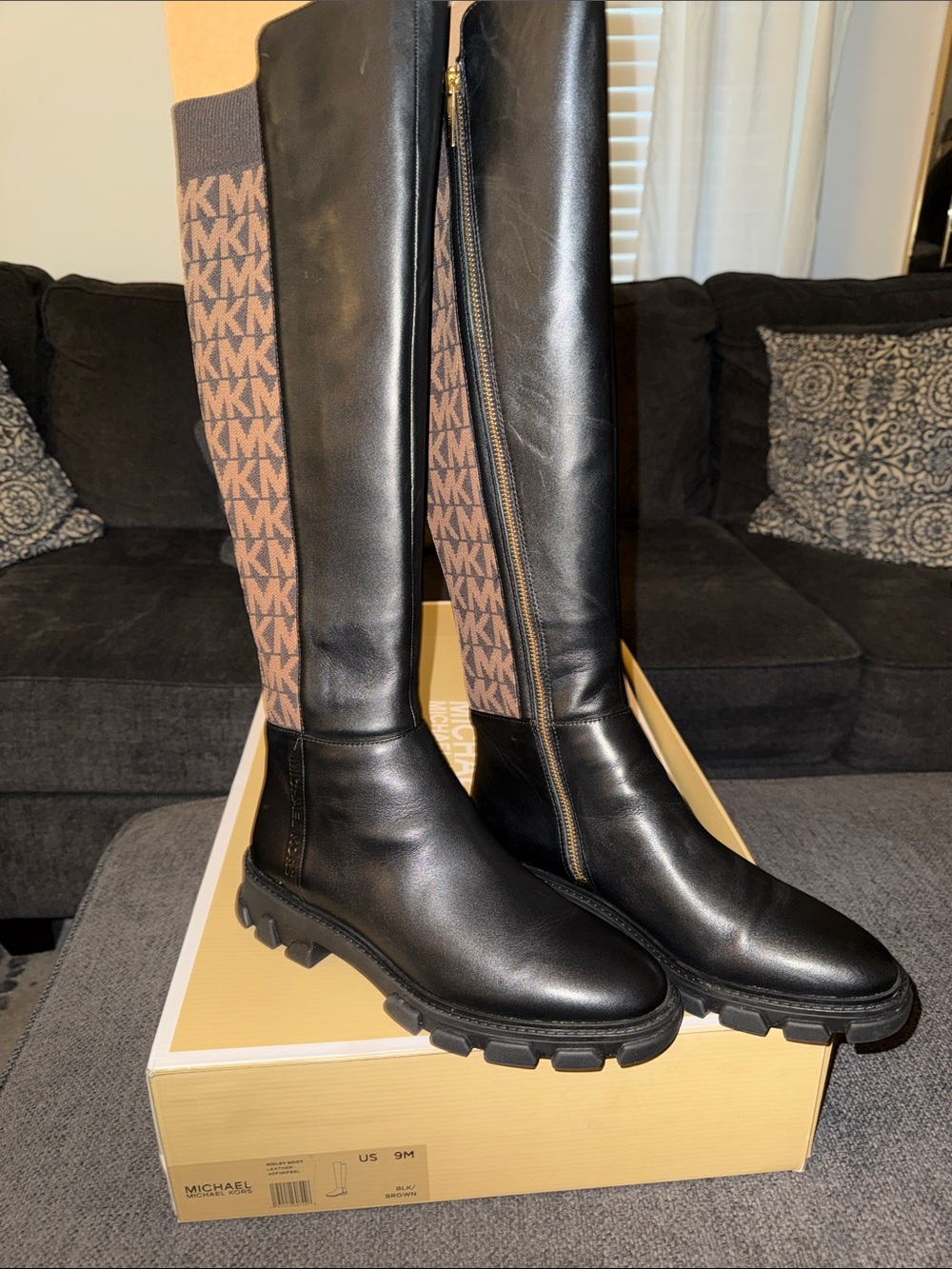 MICHAEL Michael Kors Black Leather Over-The-Knee Boots with Brown MK Logo Panel